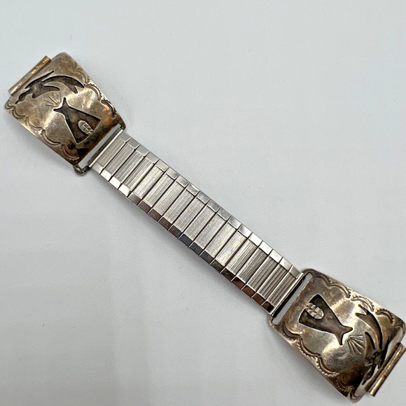 Vintage Engraved Sterling Silver & Stainless Steel Watch Band - Native American